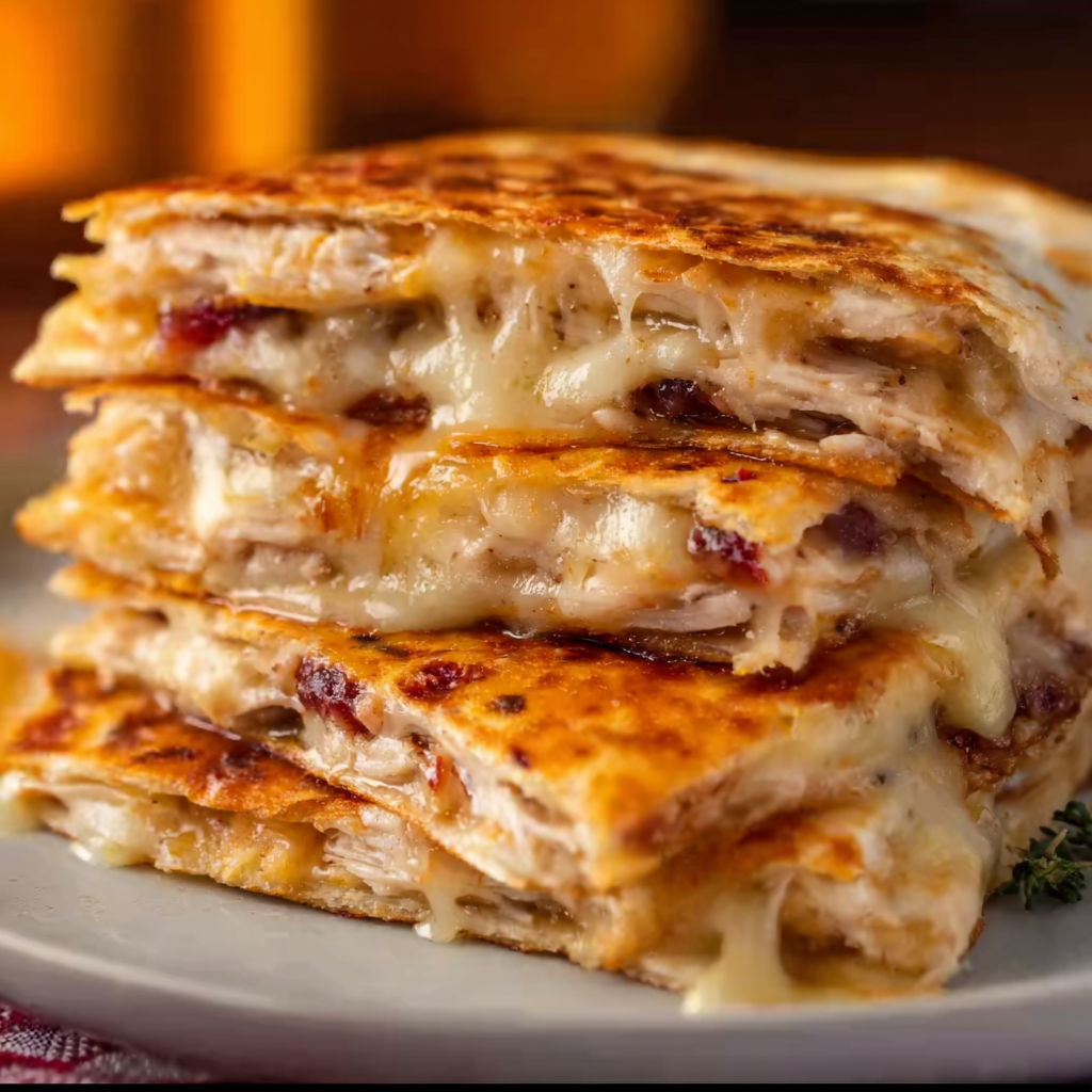 A stack of sandwiches with cheese and bacon.