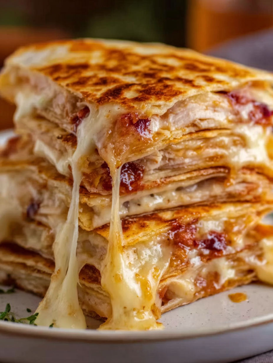 A stack of sandwiches with cheese and bacon.