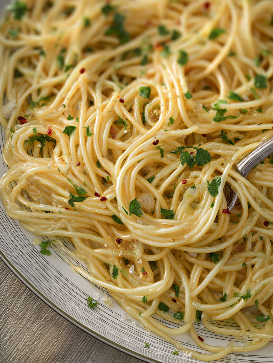 A plate of spaghetti with garlic and oil.