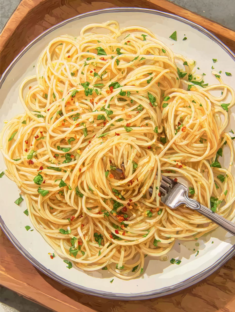 A plate of spaghetti with garlic and oil.
