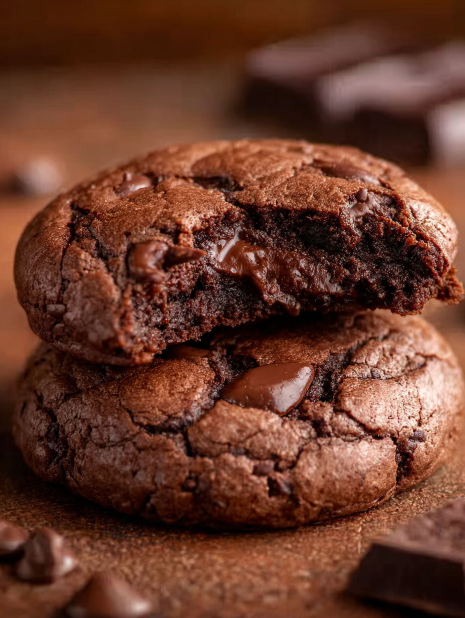 Two chocolate chip cookies with chocolate drizzle.