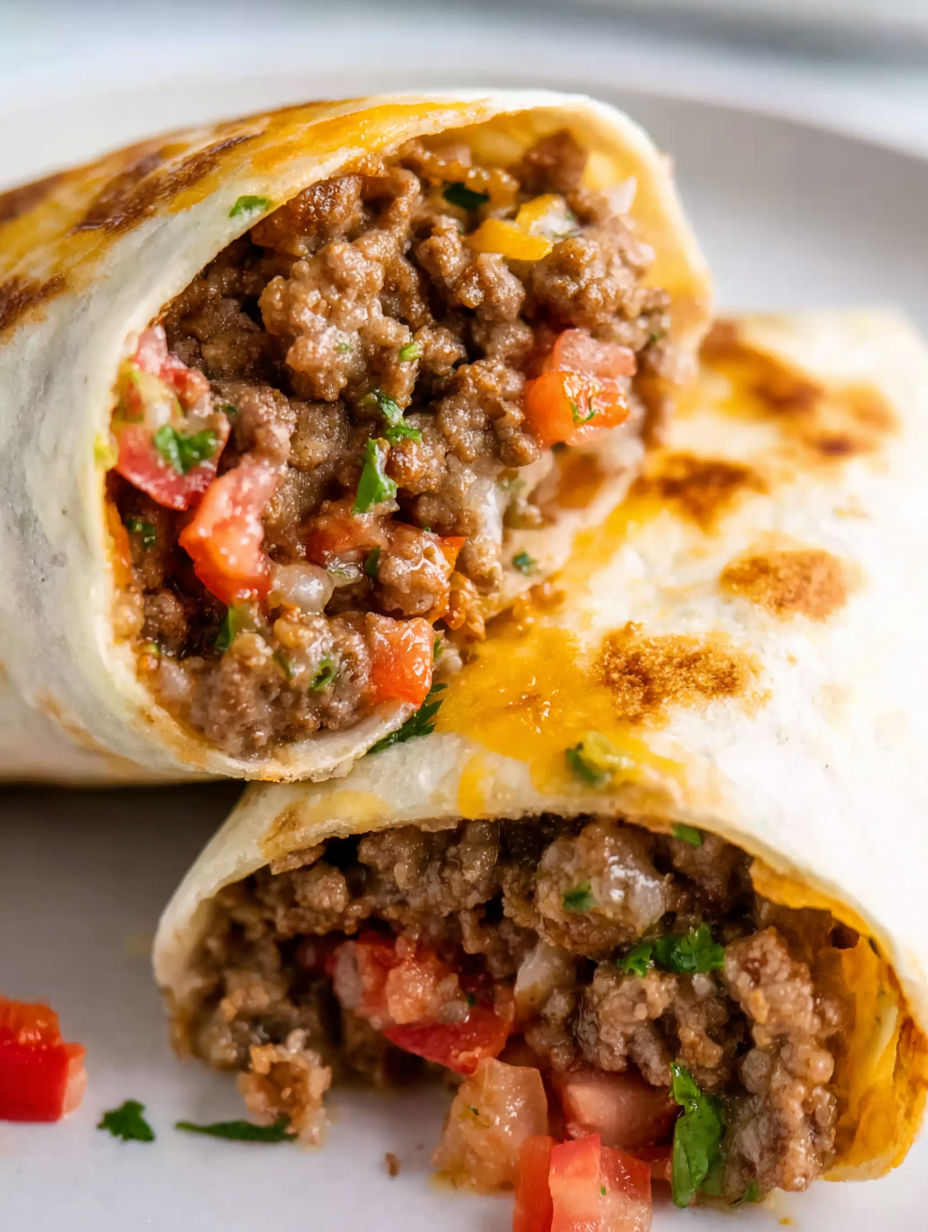 A burrito filled with meat and tomatoes.