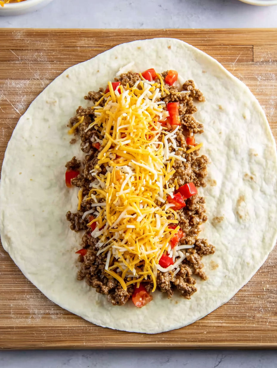 A burrito with meat and cheese on top.