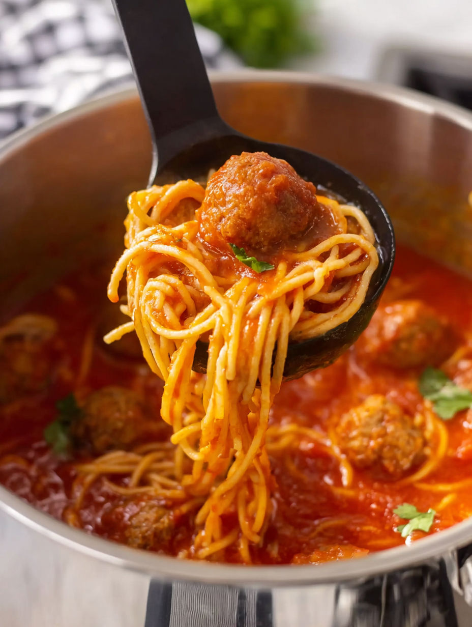 A spoon is in a bowl of spaghetti and meatballs.
