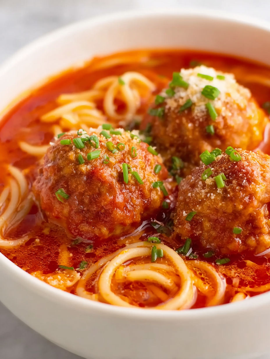A bowl of spaghetti and meatball soup.