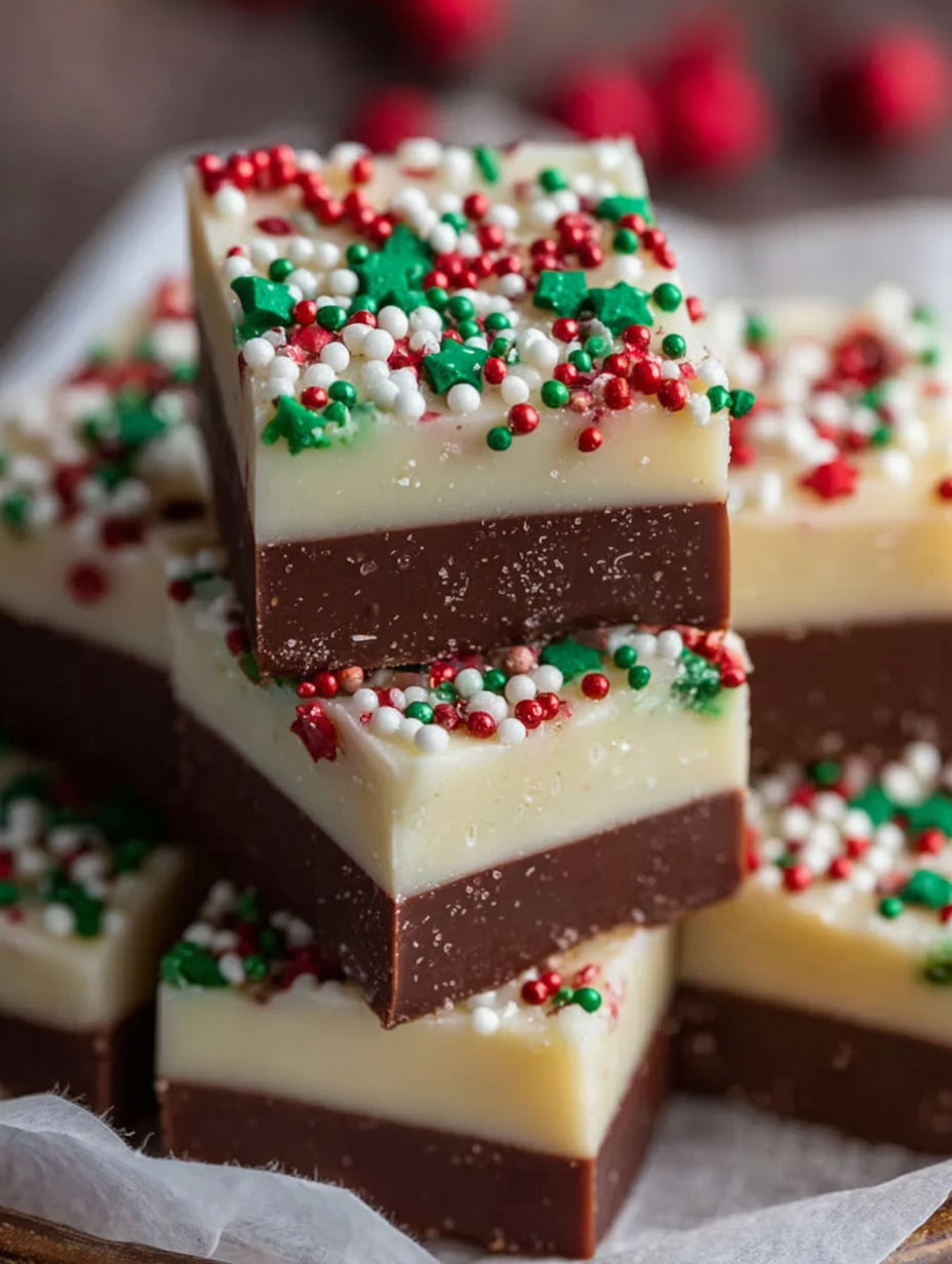 A close up of a piece of cake with white and red sprinkles.