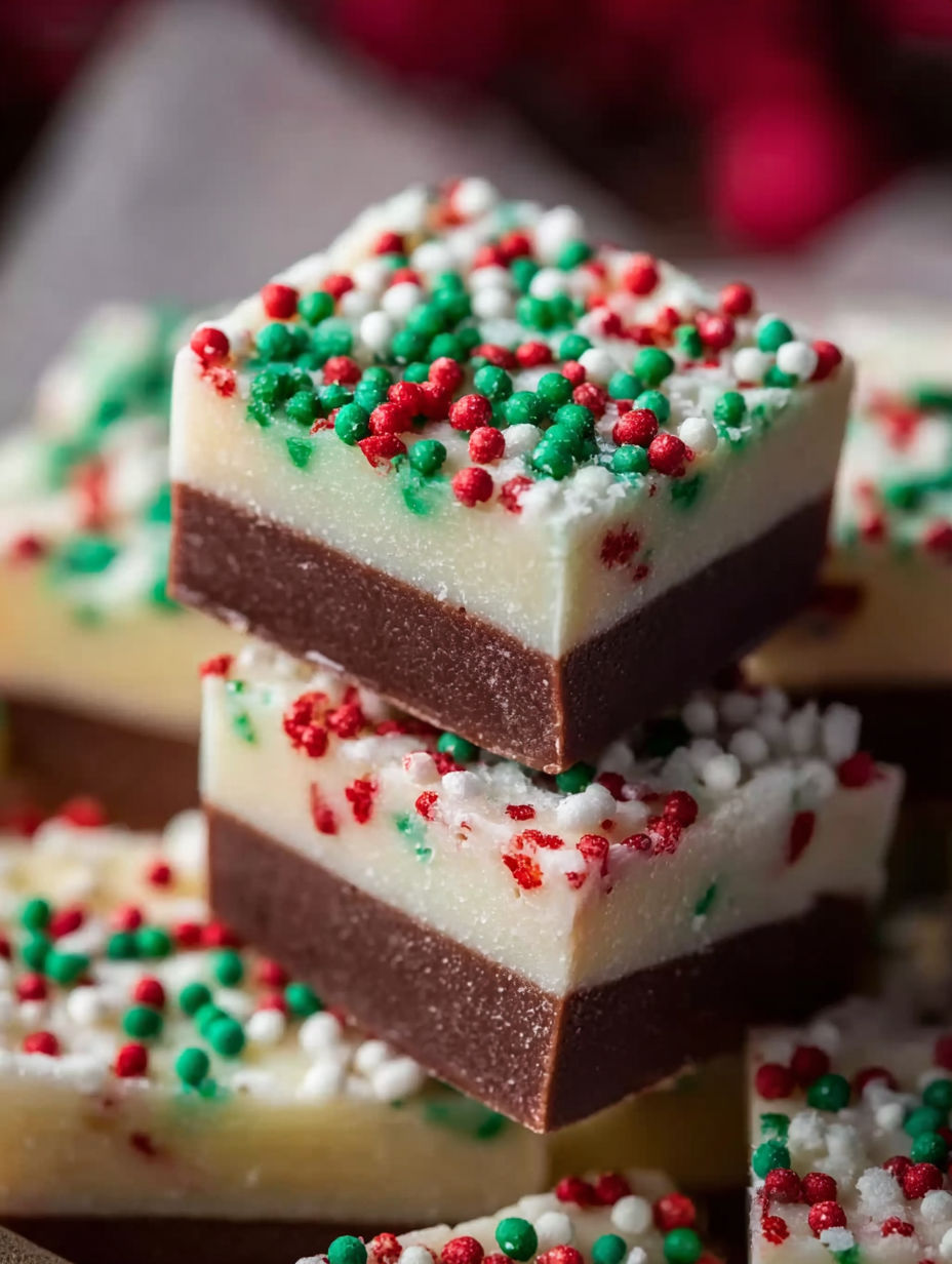 A square of chocolate cake with white and red sprinkles.
