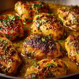 A skillet of chicken with herbs and spices.