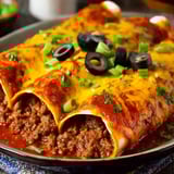 A plate of beef enchiladas with flour tortillas.