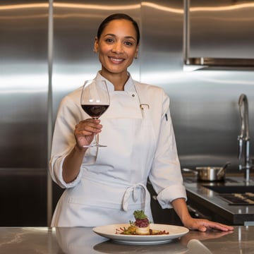 A woman in a white chef's coat holding a glass of wine.
