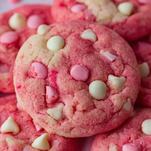 A close up of a red and white cookie.