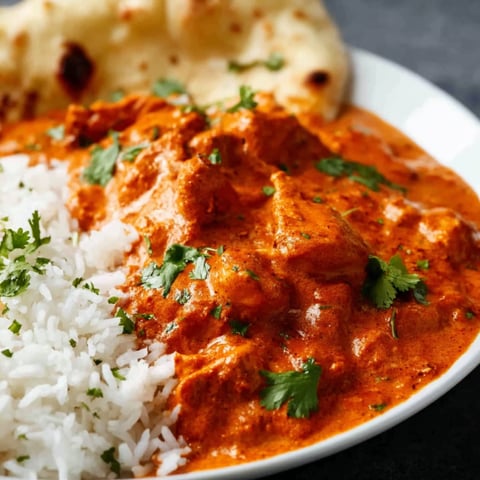 A plate of chicken tikka masala with rice and naan.