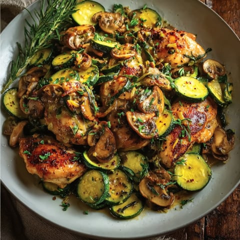 A plate of food with chicken, mushrooms and zucchini.