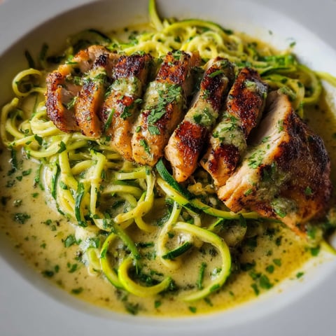 A plate of chicken breast in creamy pesto sauce with zucchini noodles.
