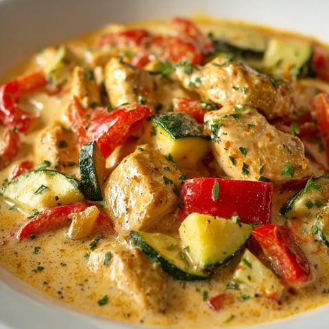 A bowl of creamy chicken with peppers and zucchini for dinner.