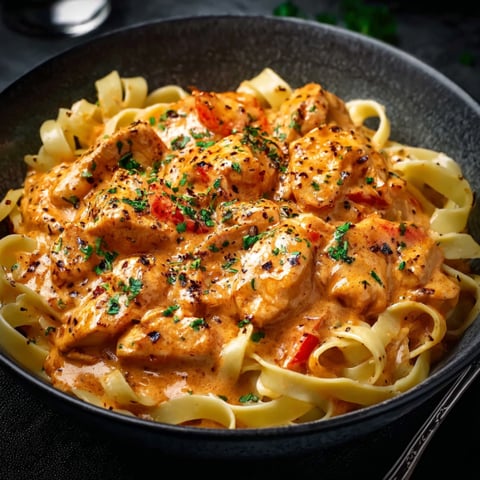 A delicious creamy paprika chicken dish with tagliatelle.