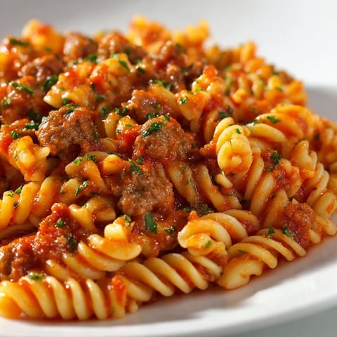 A plate of pasta with meat and tomato sauce.