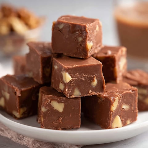 A stack of chocolate squares with nuts on top.