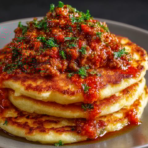 A stack of pancakes with chicken and bolognese sauce.