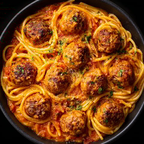 A bowl of creamy spaghetti meatballs.