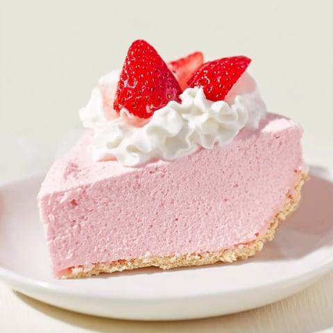 A slice of pink cake with strawberries on top.