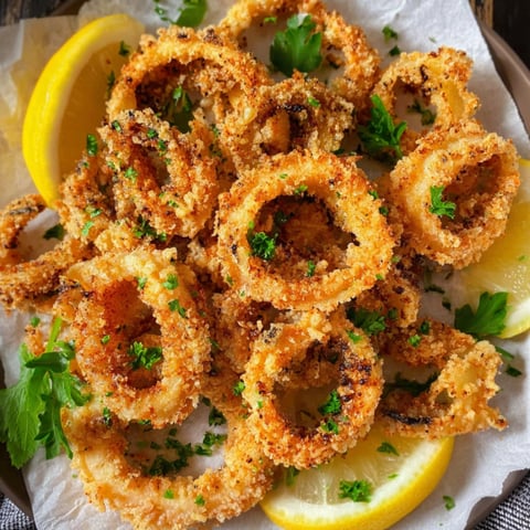 Air fryer calamari with lemon and parsley.