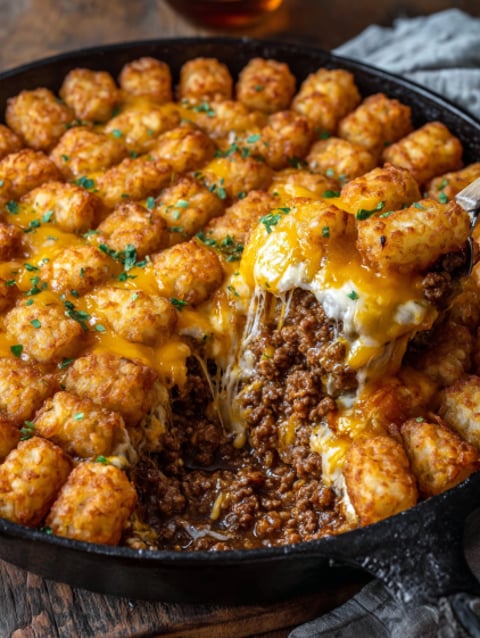 A close up of a sloppy joe tater tot casserole.