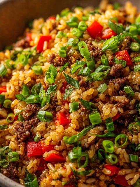 A close up of a dish of dirty rice.