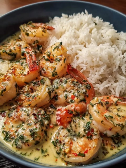 A plate of shrimp with rice and garlic butter.
