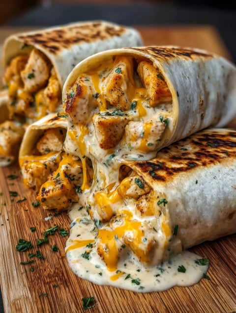 A cheesy garlic chicken wrap on a wooden table.