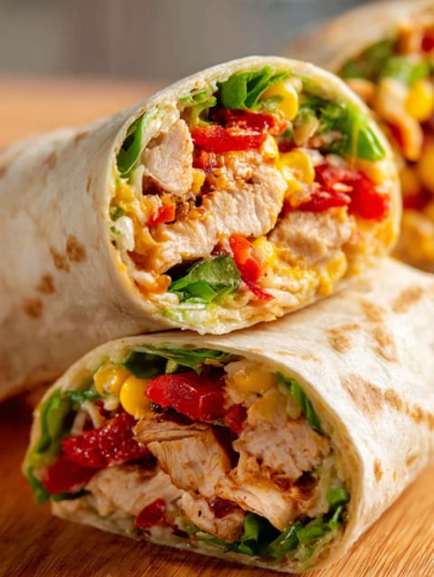 A Southwest Chicken Wrap with lettuce, tomatoes, and cheese.