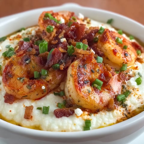 A bowl of shrimp grits with bacon.