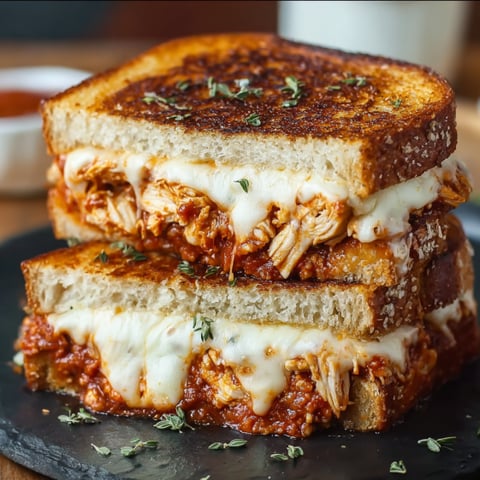 A grilled cheese sandwich with chicken and tomato sauce.