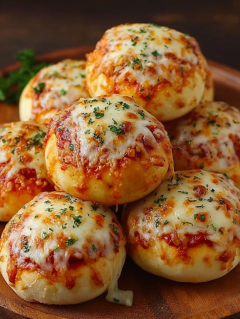 A plate of delicious cheesy pizza bombs.