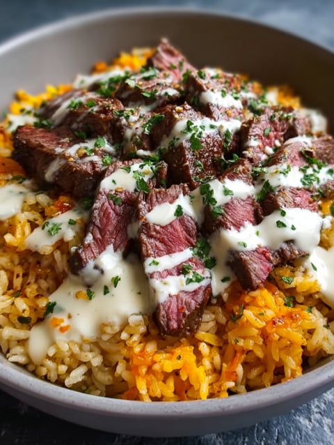 A bowl of rice with steak and cheese on top.