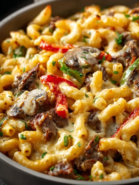 A close up of a Philly Cheesesteak Pasta Bake.