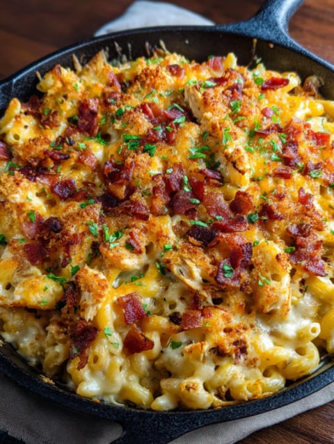 A close up of a delicious chicken bacon pasta bake.