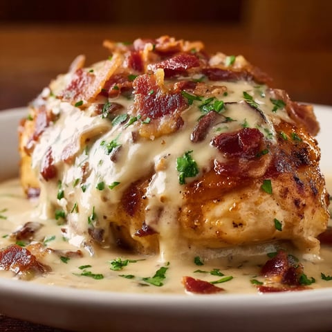 A plate of smothered chicken with bacon and cheese.