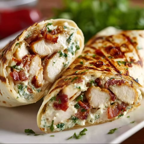 Two cheesy garlic chicken wraps with bacon.