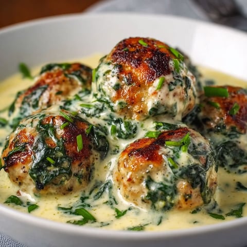 A plate of meatballs covered in spinach Alfredo sauce.