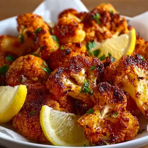 A bowl of cauliflower with lemon wedges on top.
