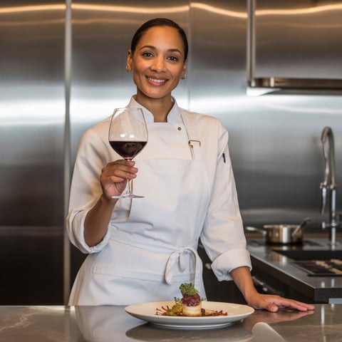 A woman in a white chef's coat holding a glass of wine.