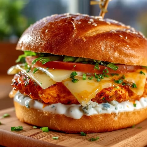 A close up of a buffalo chicken burger.