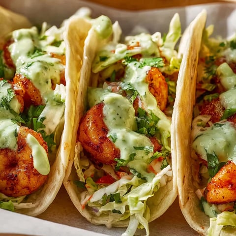 A plate of shrimp tacos with sauce.
