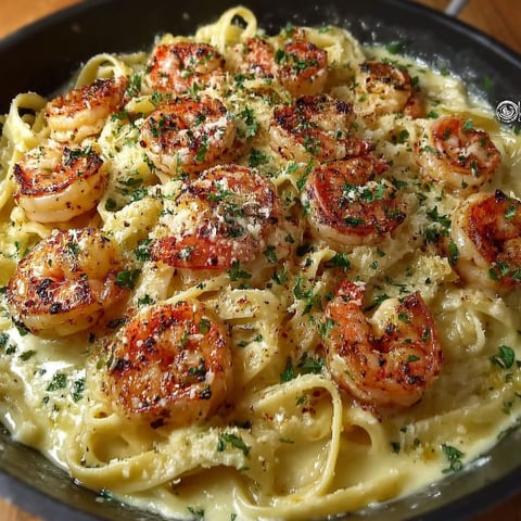 A dish of shrimp fettuccine alfredo.