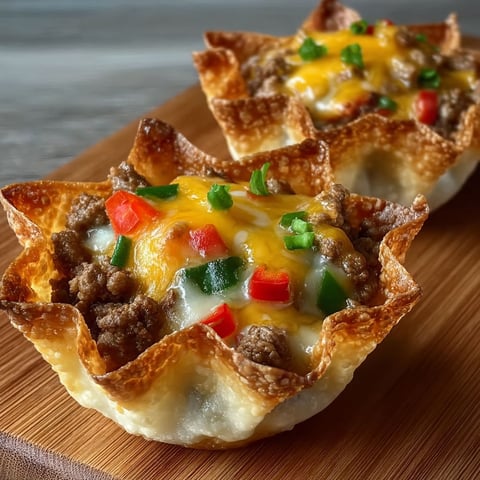 Two cheesy sausage wonton cups on a wooden table.