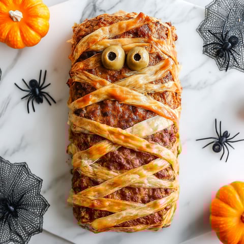 A mummy meatloaf with olives for eyes.