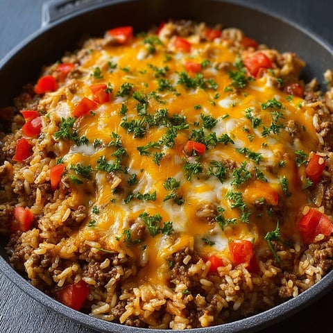 A dish of rice with beef and cheese.