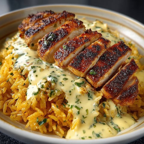A plate of rice with chicken and cream sauce.