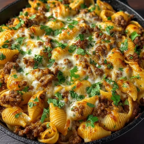 A dish of pasta with meat and cheese.